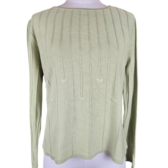 Talbots Light Green Embroidered Sweater L Silk-Cotton-Cashmere Blend - Picture 1 of 7